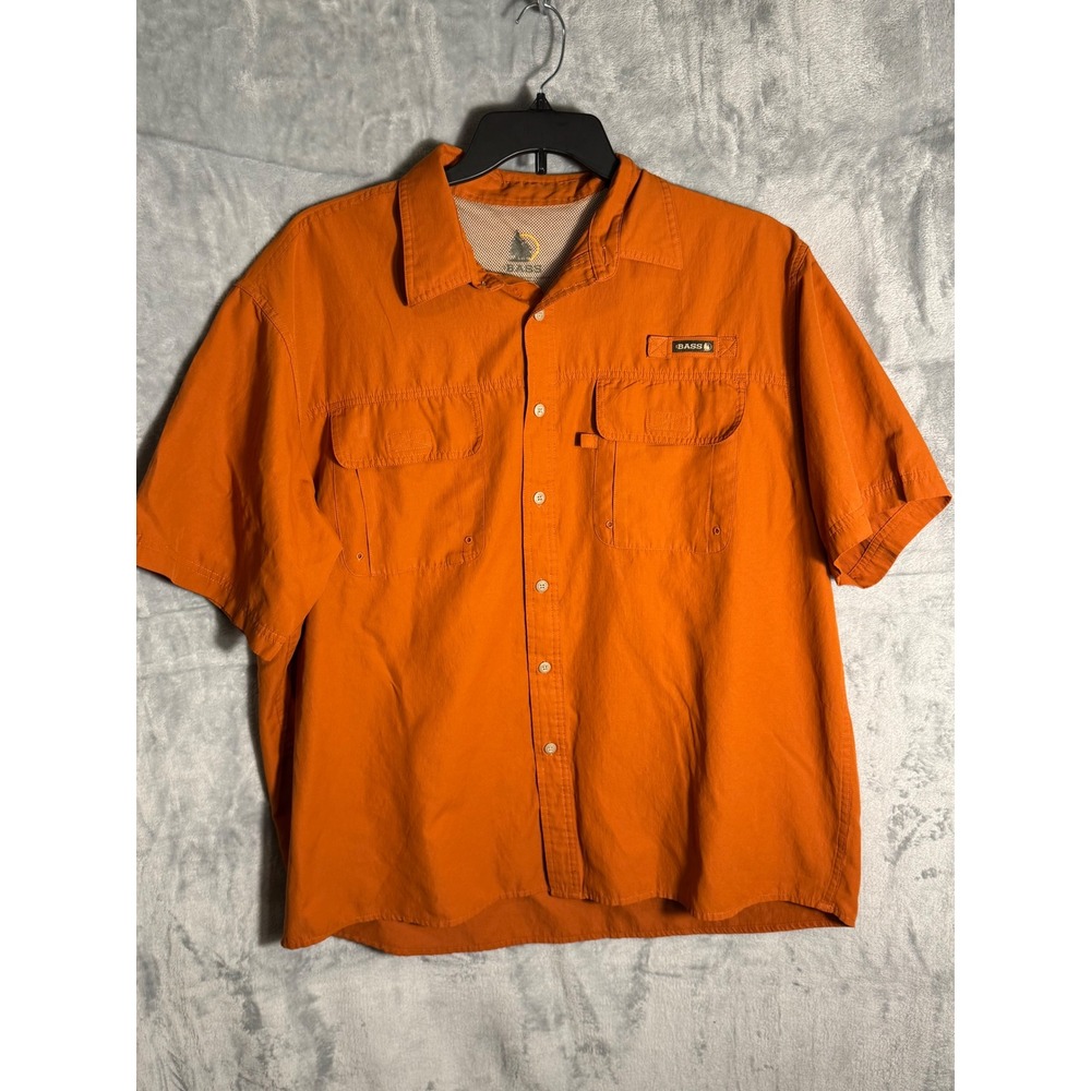 Bass Mens XL Short Sleeve Fishing Shirt Orange Mesh‎ Vented Utility Button Up